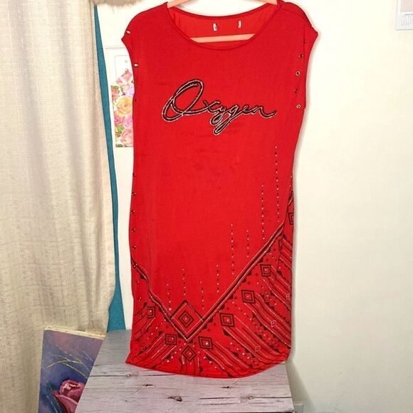 🌷OXYGEN🌷RED Rhinestone Beaded Short Sleeve Dress - Picture 11 of 13